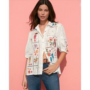 Johnny Was White Embroidered Eyelet Patchwork Mermaid Shirt Size S